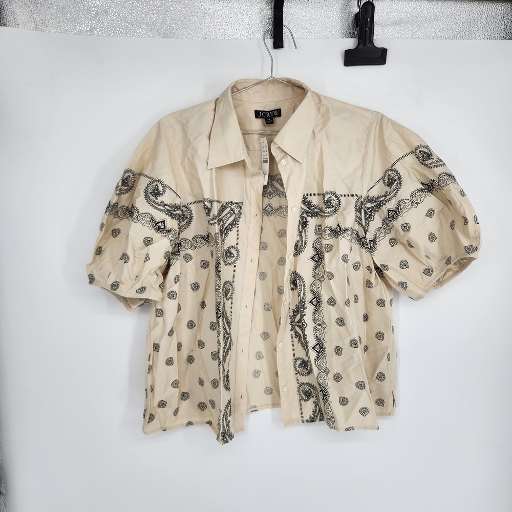 J.Crew Bell-Sleeve Button-Up Shirt Bandana Print Cotton Beige Black CT096 Sz 18